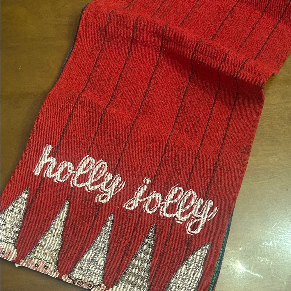 Festive Red 'Holly Jolly' gnomes Holiday table runner